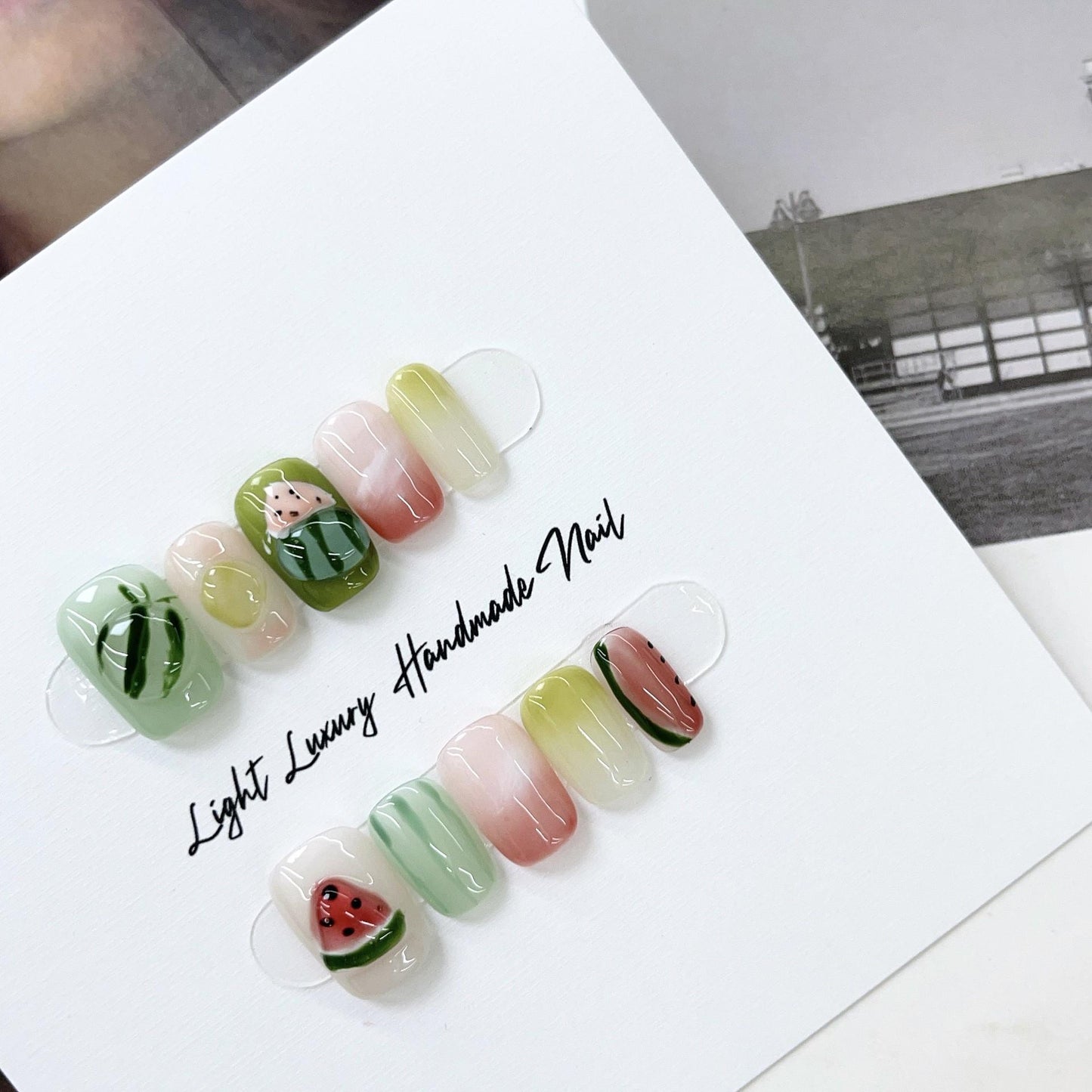 Macaron watermelon handmade nails cute press on nails gel nails extra short coffin summer funny nails