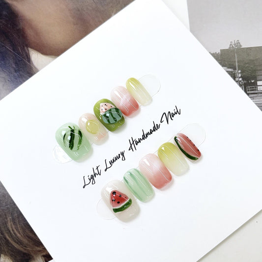 Macaron watermelon handmade nails cute press on nails gel nails extra short coffin summer funny nails