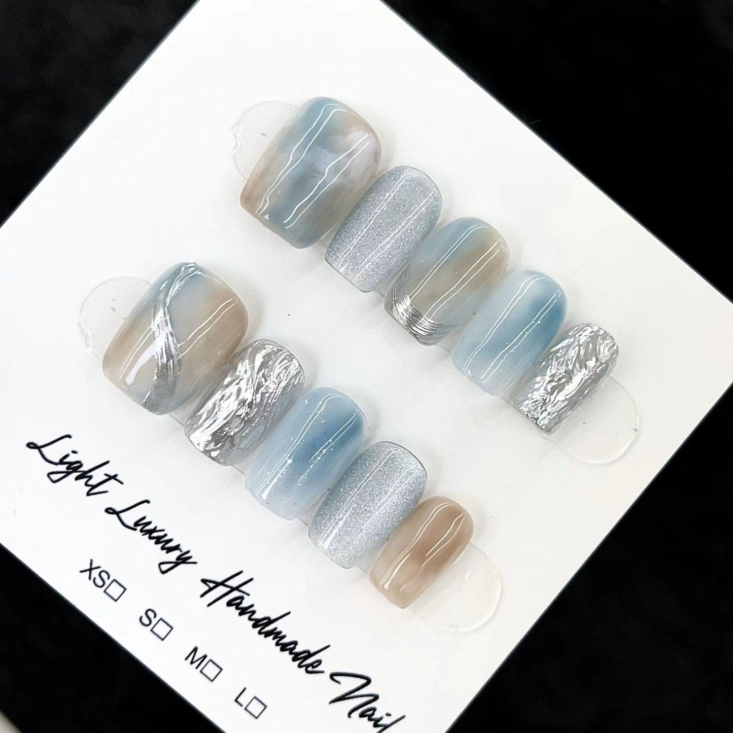 Press on nails blue blooming handmade nails silver metal gel nails fake nails extra short coffin trendy nail summer nails