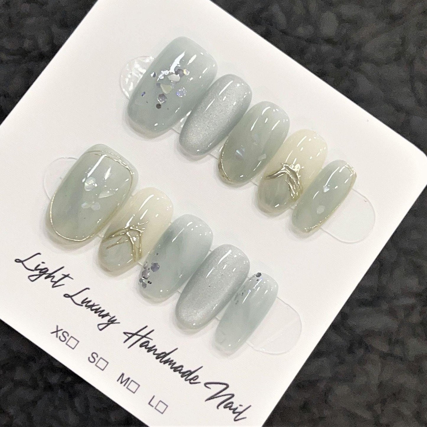 Luxury blue grey/bluish grey shell silver lines cat eye sequins handmade gel nails press on nails  medium oval