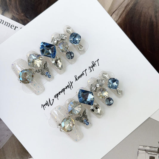 Luxury pandora style full diamond blue genstone handmade press on nails gel nails sparkly bling long coffin sequins butterfly bowtie