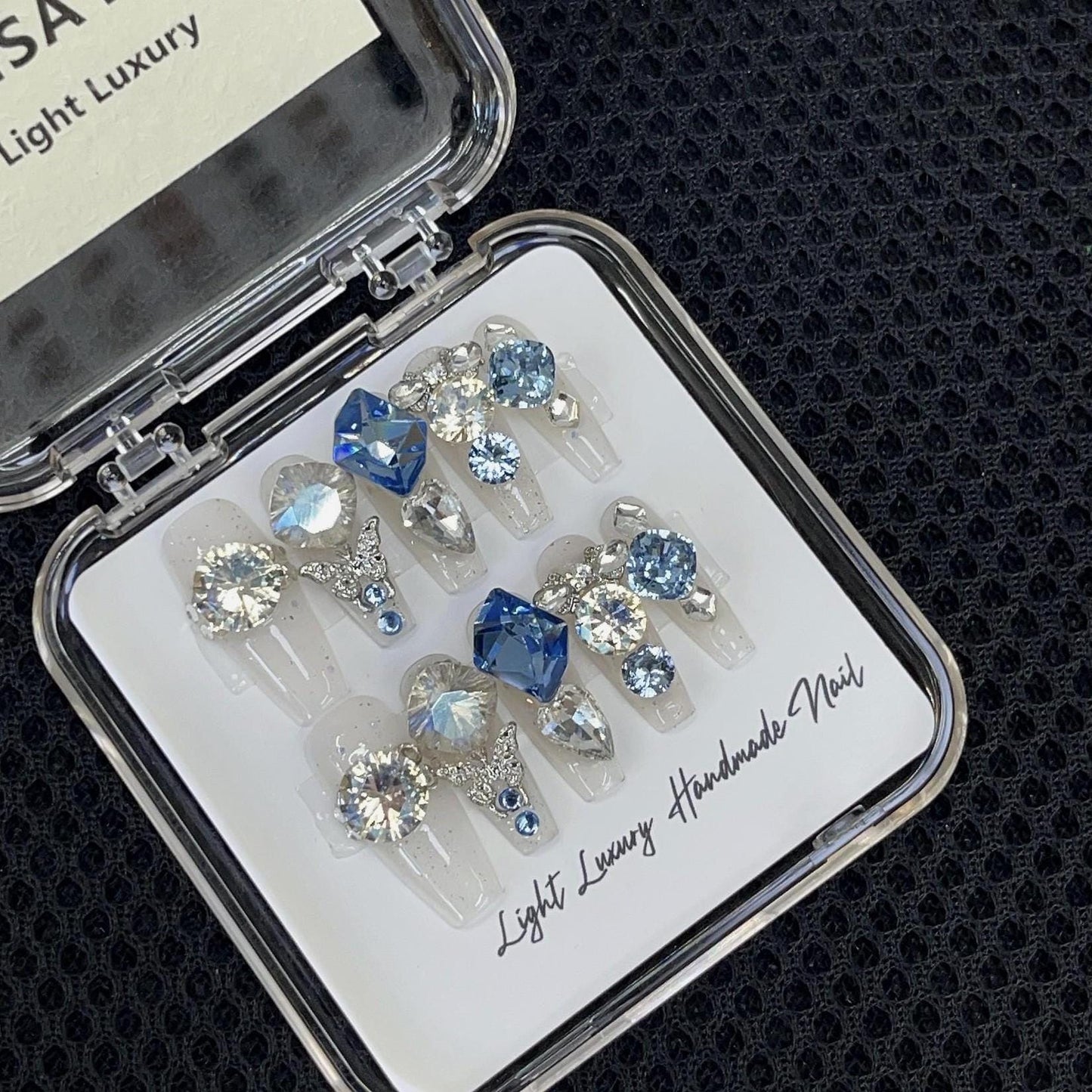 Luxury pandora style full diamond blue genstone handmade press on nails gel nails sparkly bling long coffin sequins butterfly bowtie