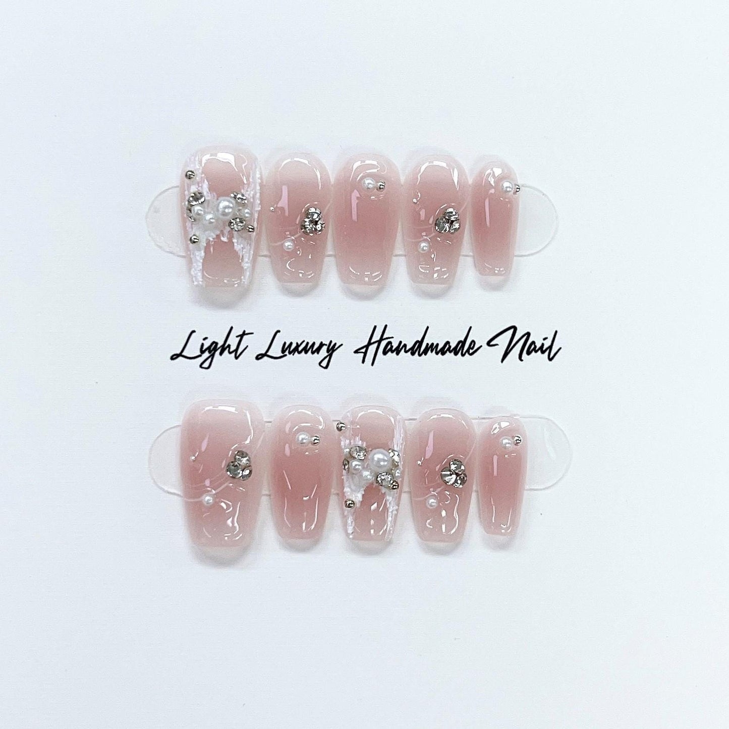 Luxury handmade pink cheek blusher pearls nails press on nails gel nails gentle short coffin