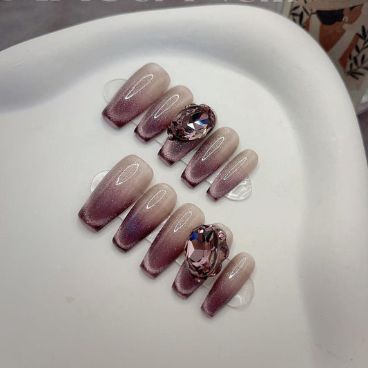 Luxury cat eye purple nails handmade nails shinny press on nails gel nails medium coffin nail art