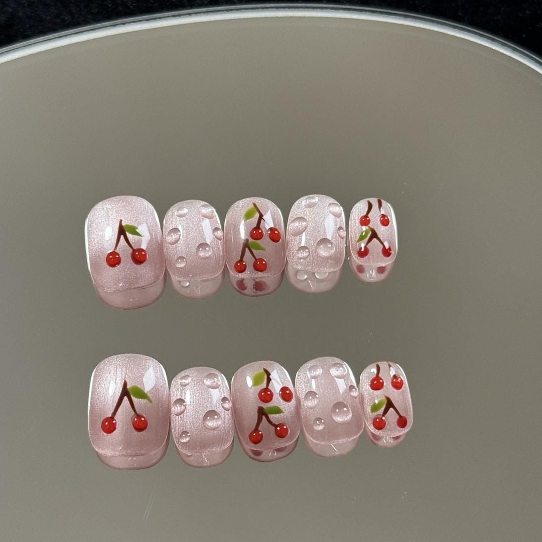 Pink cat eye cherry nails cute summer nails handmade press on nails gel nails short square oval