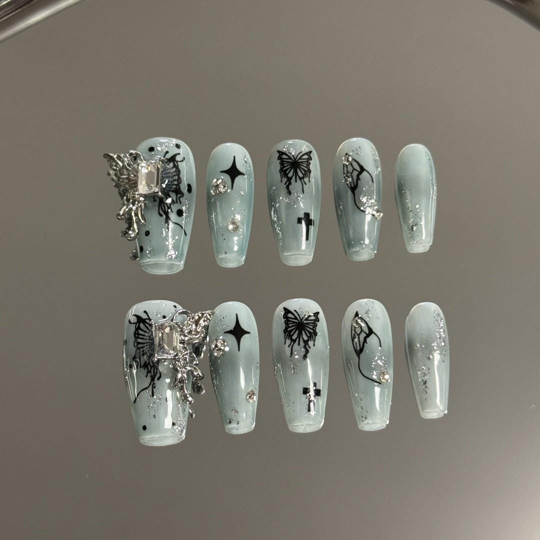 Luxury butterfly nails sequins bling handmade nails false nails press on nails medium coffin nails art