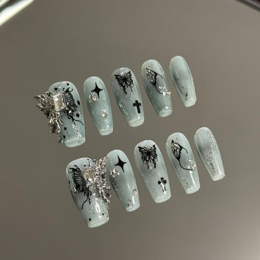 Luxury butterfly nails sequins bling handmade nails false nails press on nails medium coffin nails art