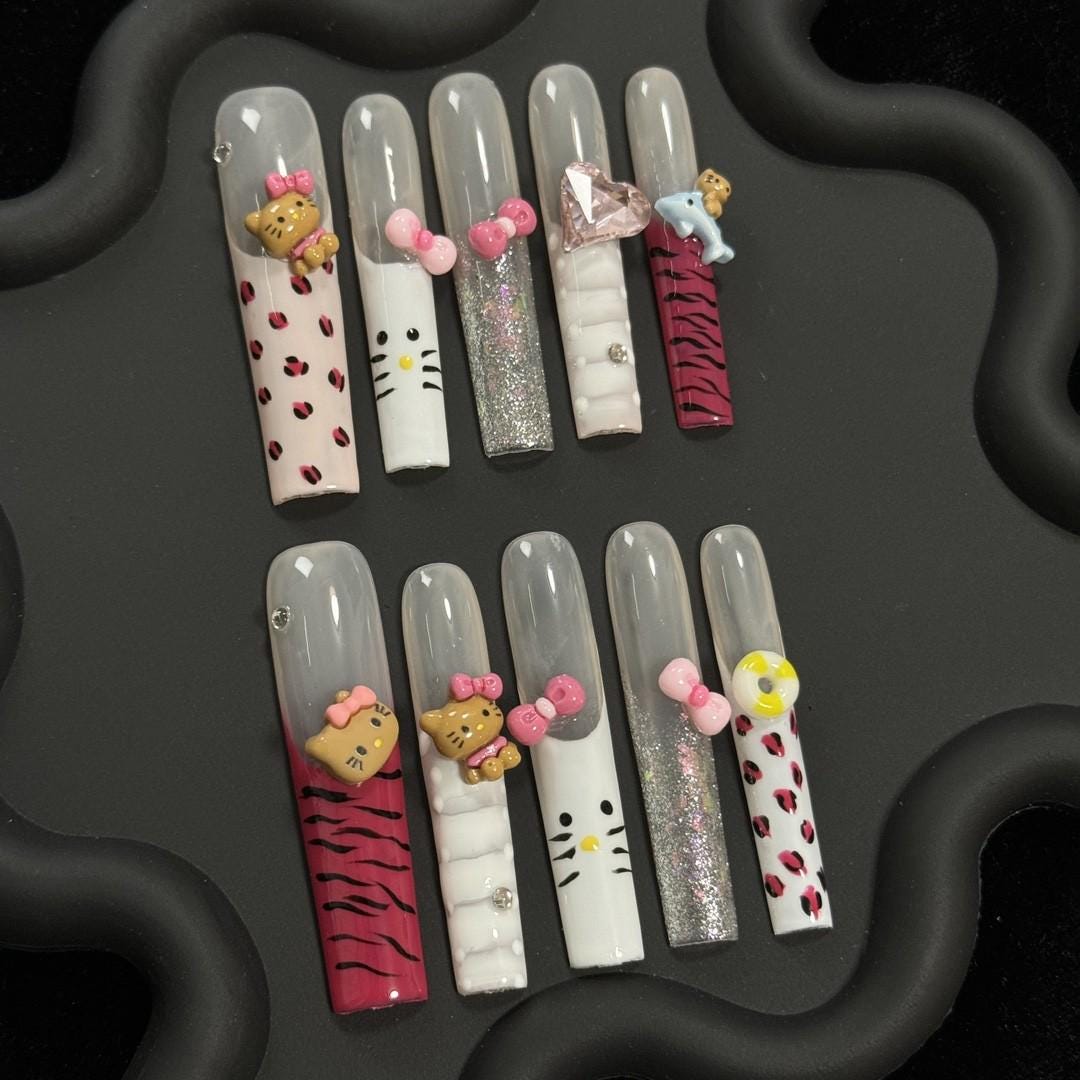 Y2K extra long square hello kitty nails press on nails gel nails fake nails amazing nails art trendy