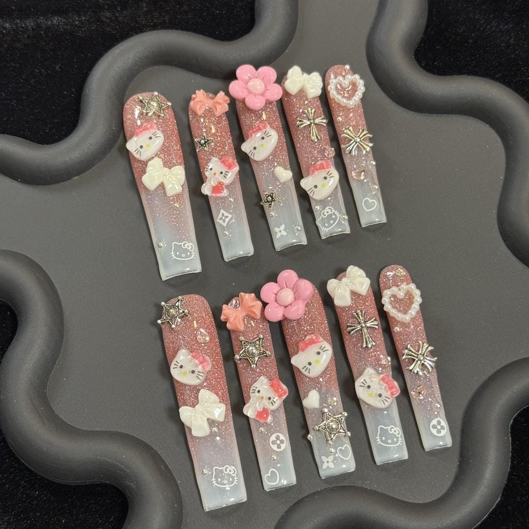 Pink glitter hello kitty handmade gel nails press on nails flower bowtie extra long sqaure trendy cosplay