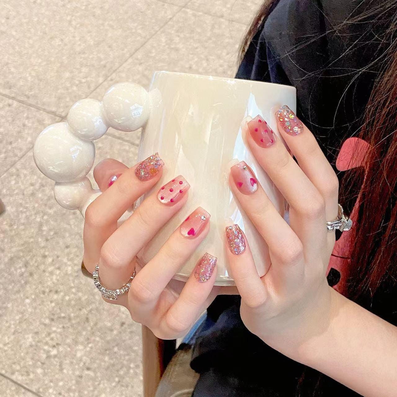 Luxury hand painted heart cat eye red dot shiny seqiuns bling nails handmade press on nails gel nails coffin