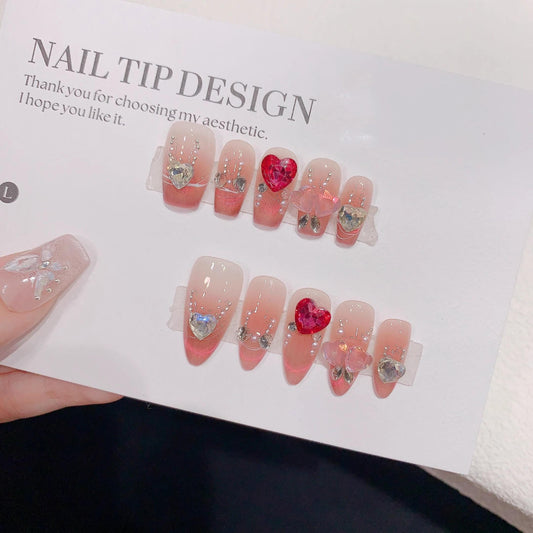 Luxury pink cat eye nails handmade nails diamond heart press on nails gel nails coffin&almond nails art