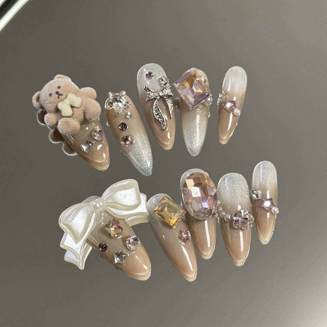 Luxury cute bear ribbon handmade press on nails gel nails fake nail long stiletto diamond nails star gift for her