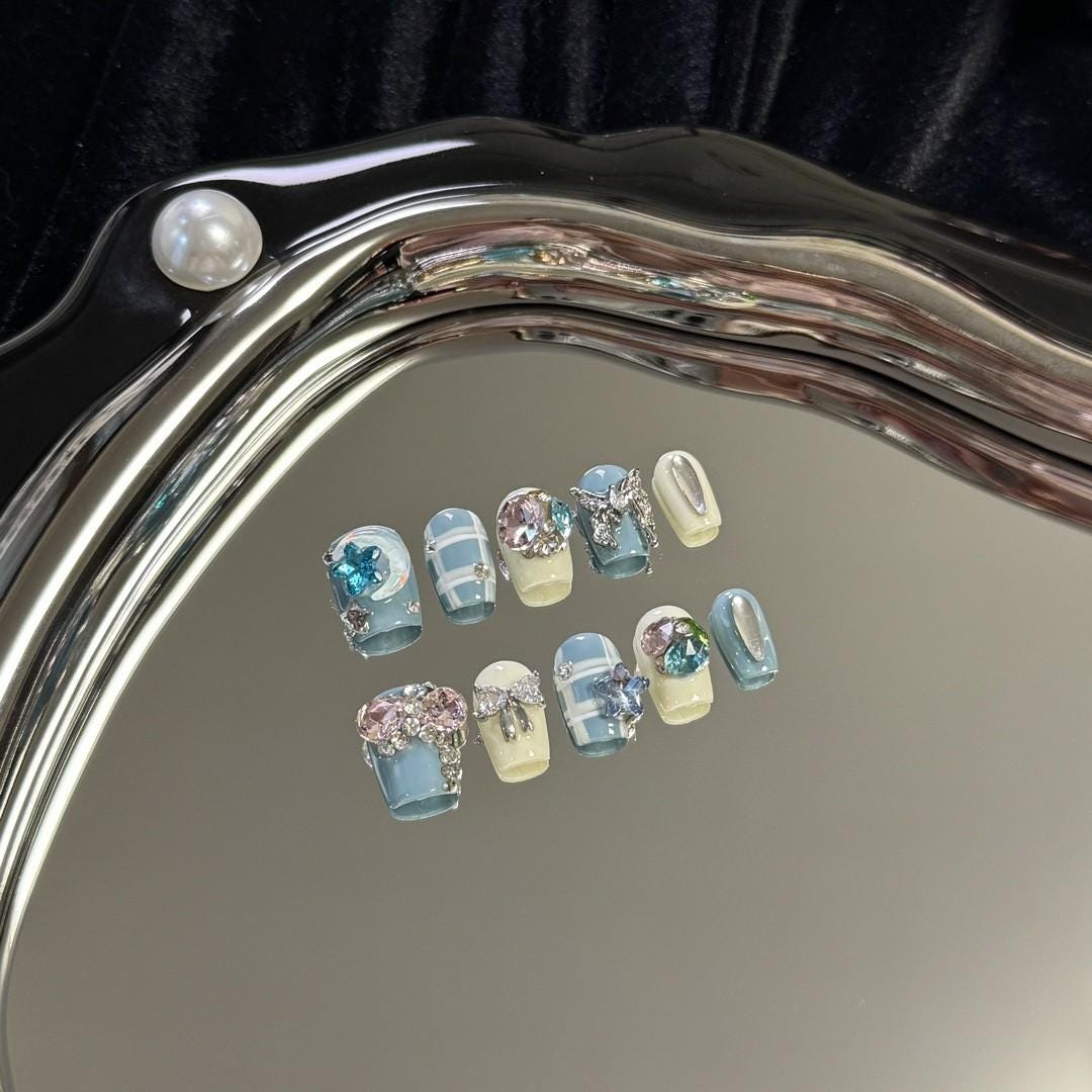 Luxury tiffany blue plaid butterfly moon handmade press on nails sailor moon coffin nails fake nail