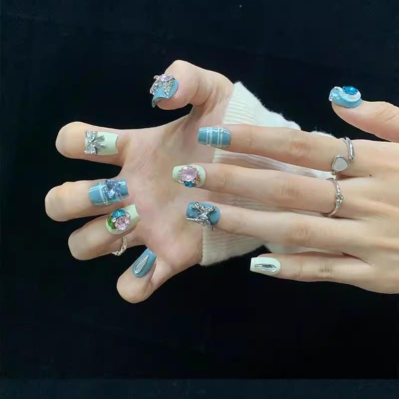 Luxury tiffany blue plaid butterfly moon handmade press on nails sailor moon coffin nails fake nail