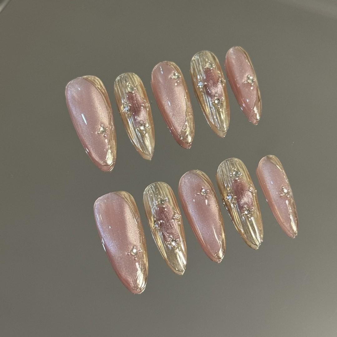 Buccilati sakura pink metallic gold vintage handmade nails press on nails gel nails punk long stiletto