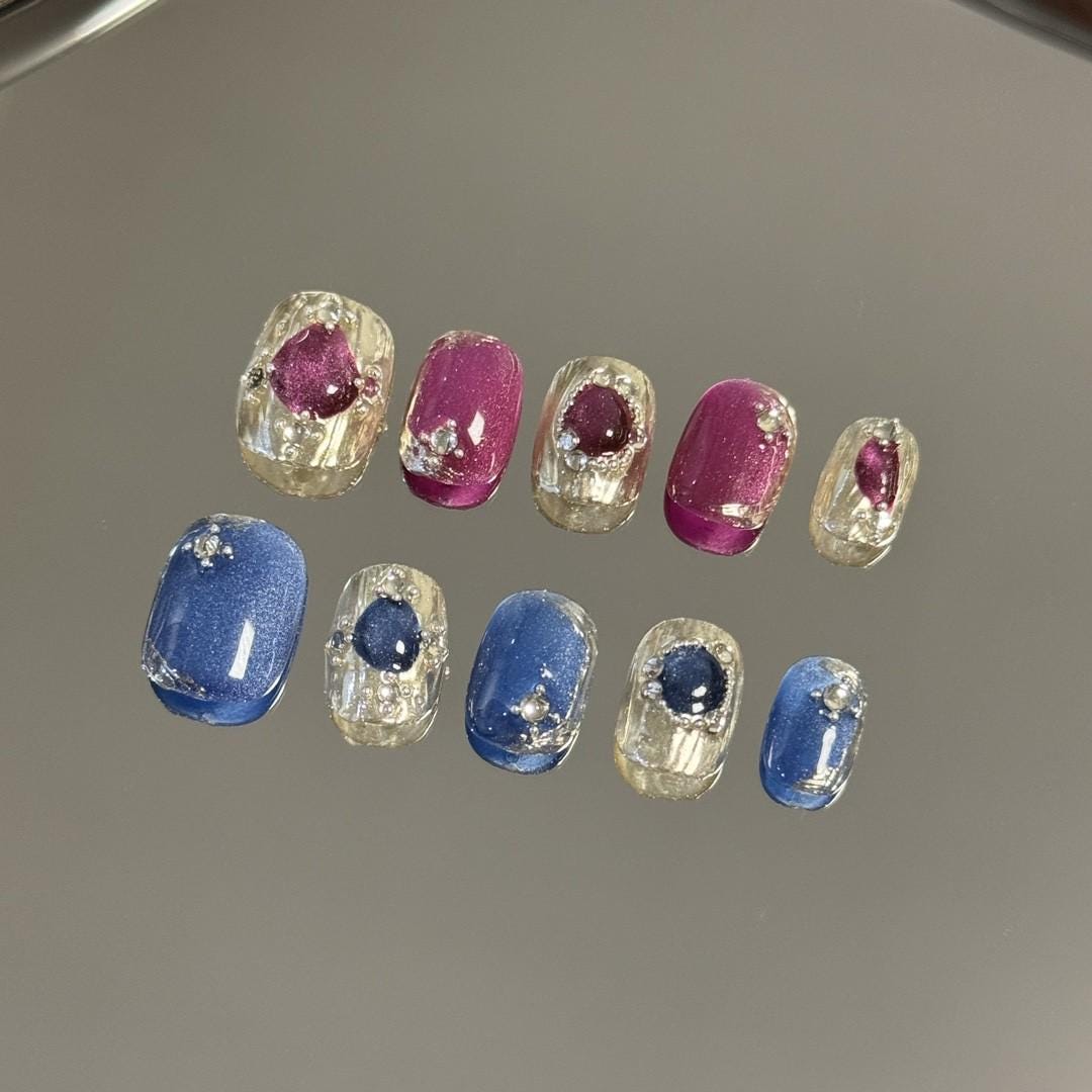 Buccilati blue hot pink A-B style handmade nails press on nails gel nails metallic gold punk short rounded gift for her nails art