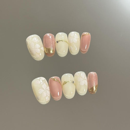 Luxury flower handmade press on nails pink nude metal gold gel nails short oval summer nails