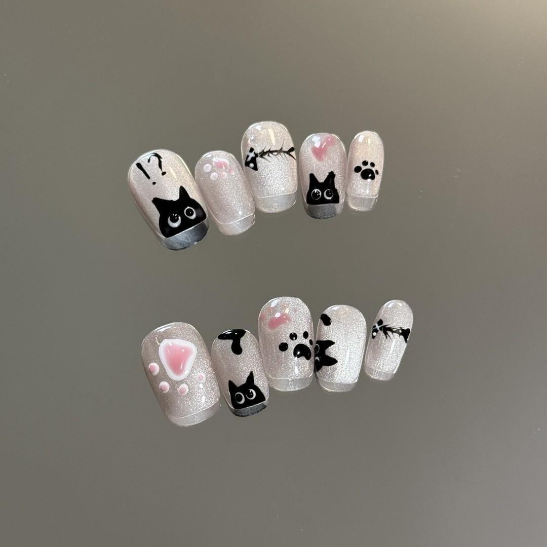 Luxury cute black kitty handmade press on nails gel nails paws cutie gift for students fake nails extra short