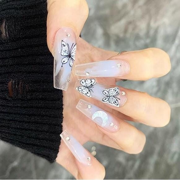 Luxury blue handmade nails butterfly press on nails icy nails long coffin summer nail fake nails reusable