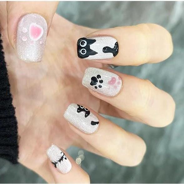 Luxury cute black kitty handmade press on nails gel nails paws cutie gift for students fake nails extra short