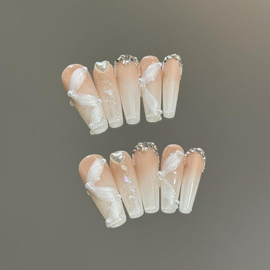 Luxury nude silkribbon handmade press on nails heart pearls gel nails long coffin delicate wedding nails