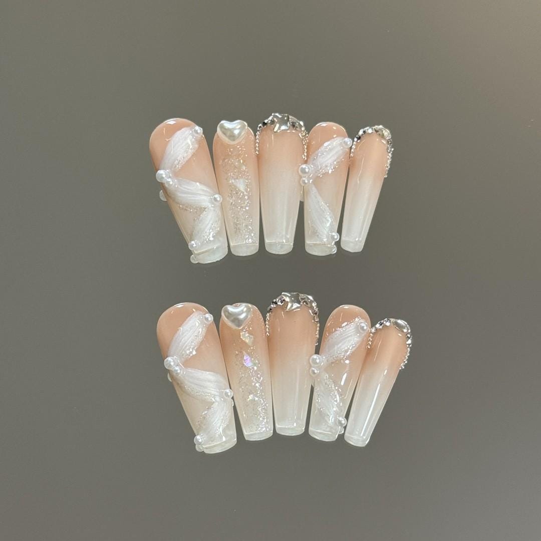 Luxury nude silkribbon handmade press on nails heart pearls gel nails long coffin delicate wedding nails