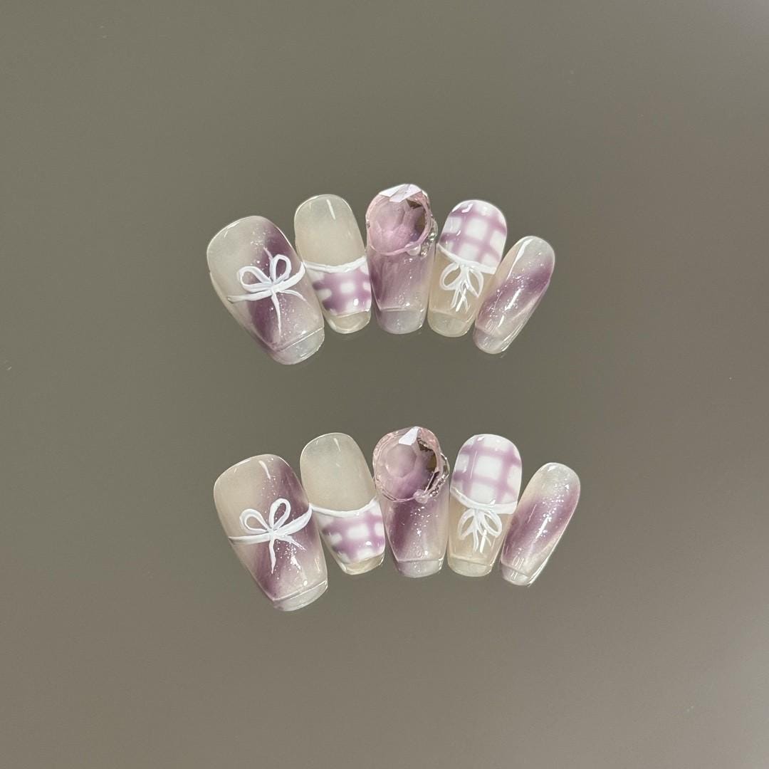 Luxury plaid hand painted ribbon handmade nails press on nail gel nails short coffin nail art fake nails