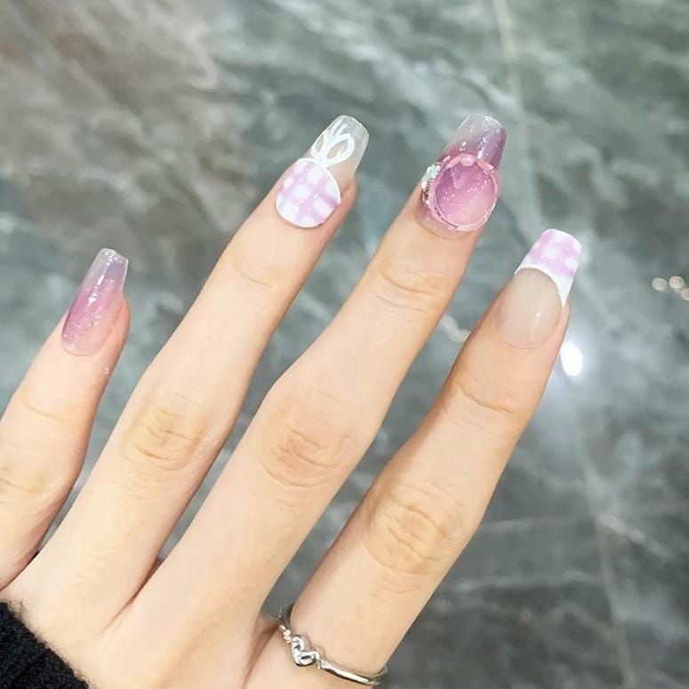 Luxury plaid hand painted ribbon handmade nails press on nail gel nails short coffin nail art fake nails