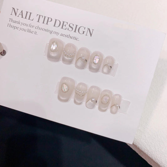 Luxury nude pearls shell handmade nails silver cat eye press on nails gel nails coffin&oval all avliable