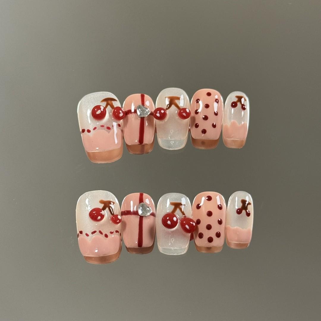 Press on nails cute cherry nails polka dot handmade press on nails gel nails extra short nails