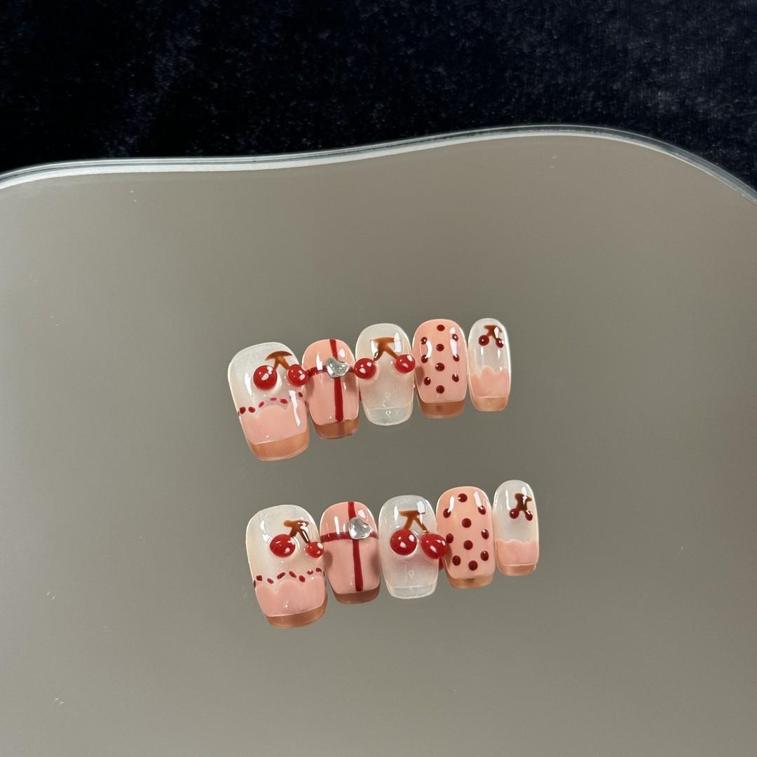 Press on nails cute cherry nails polka dot handmade press on nails gel nails extra short nails