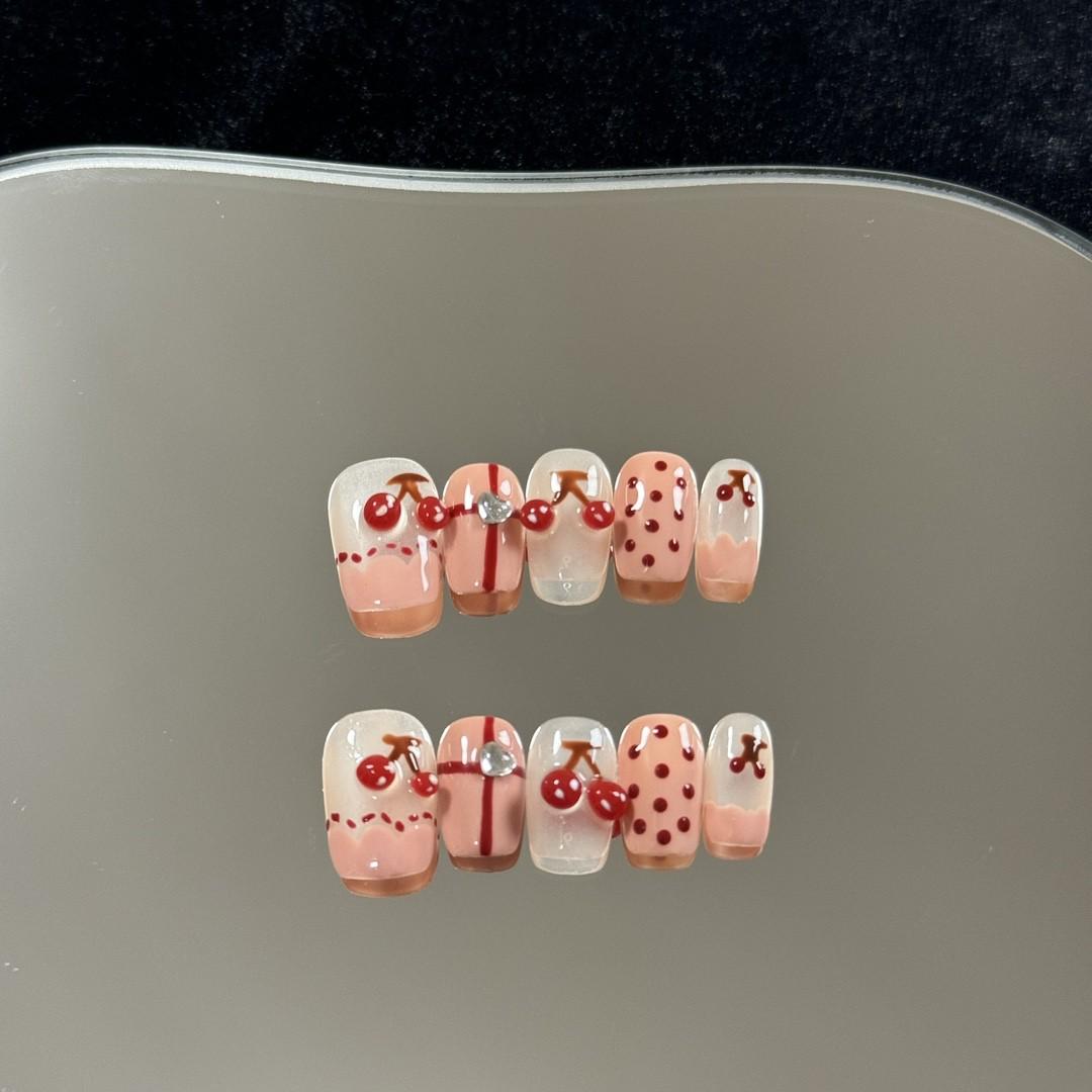 Press on nails cute cherry nails polka dot handmade press on nails gel nails extra short nails