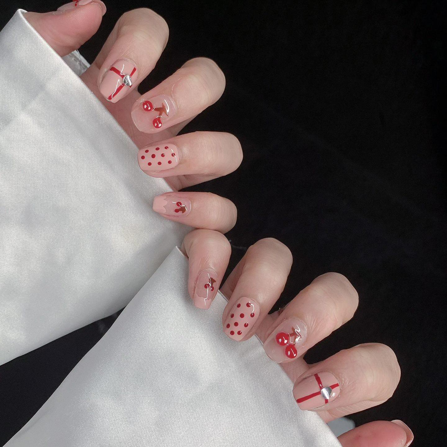 Press on nails cute cherry nails polka dot handmade press on nails gel nails extra short nails