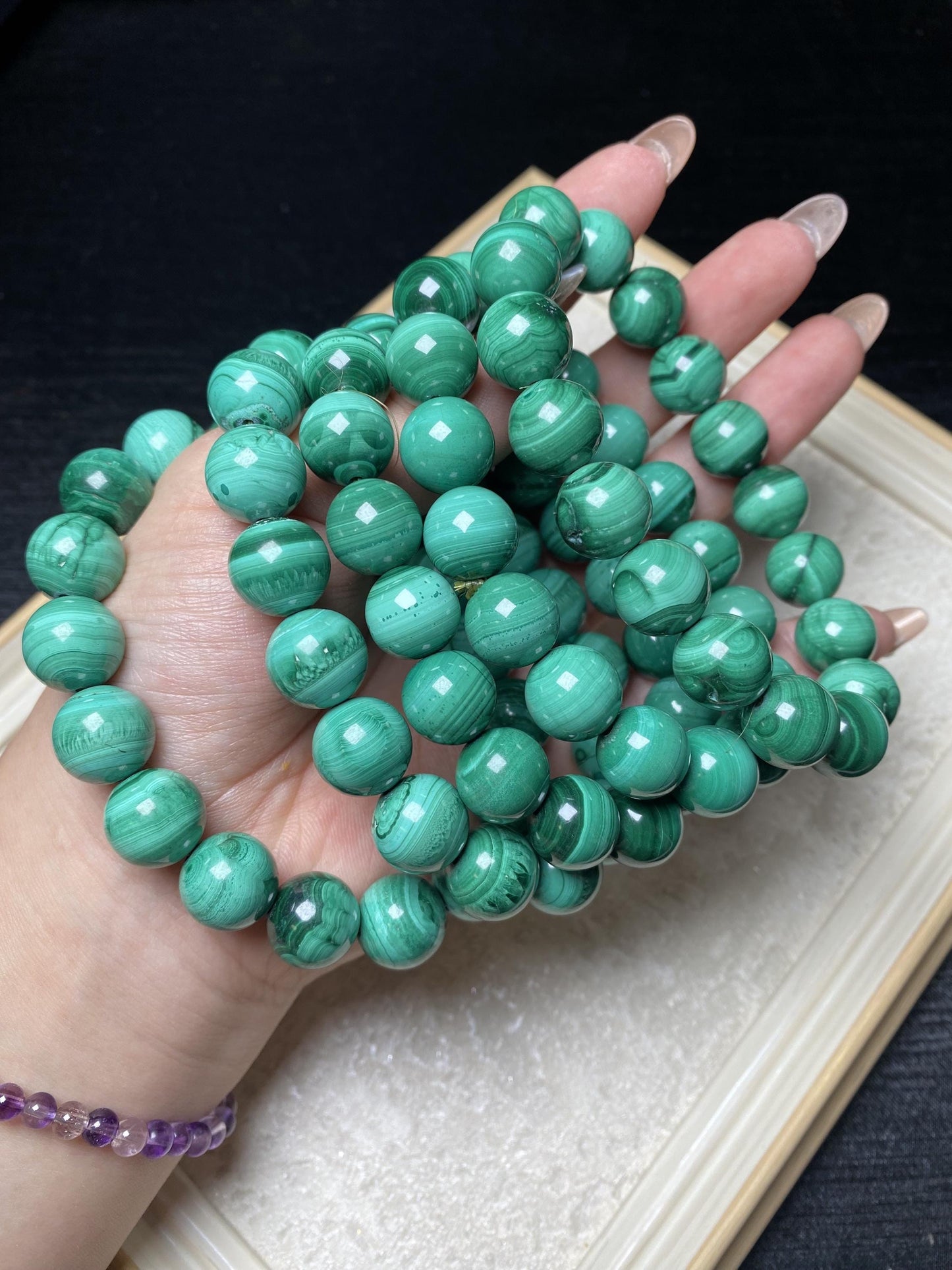 High quality malachite green crystal bracelets 12mm nice pattern beaded bracelets