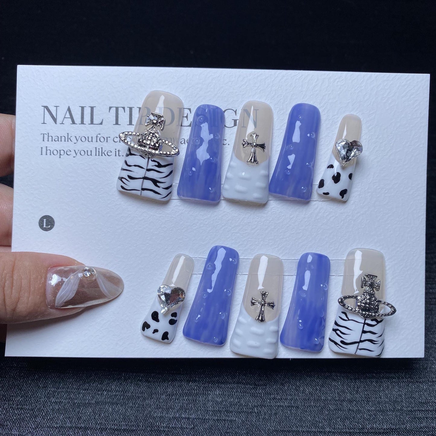 Y2k blue nails cow pattern duck nails press on nails gel nails long duck shape reusable nails art fake nails