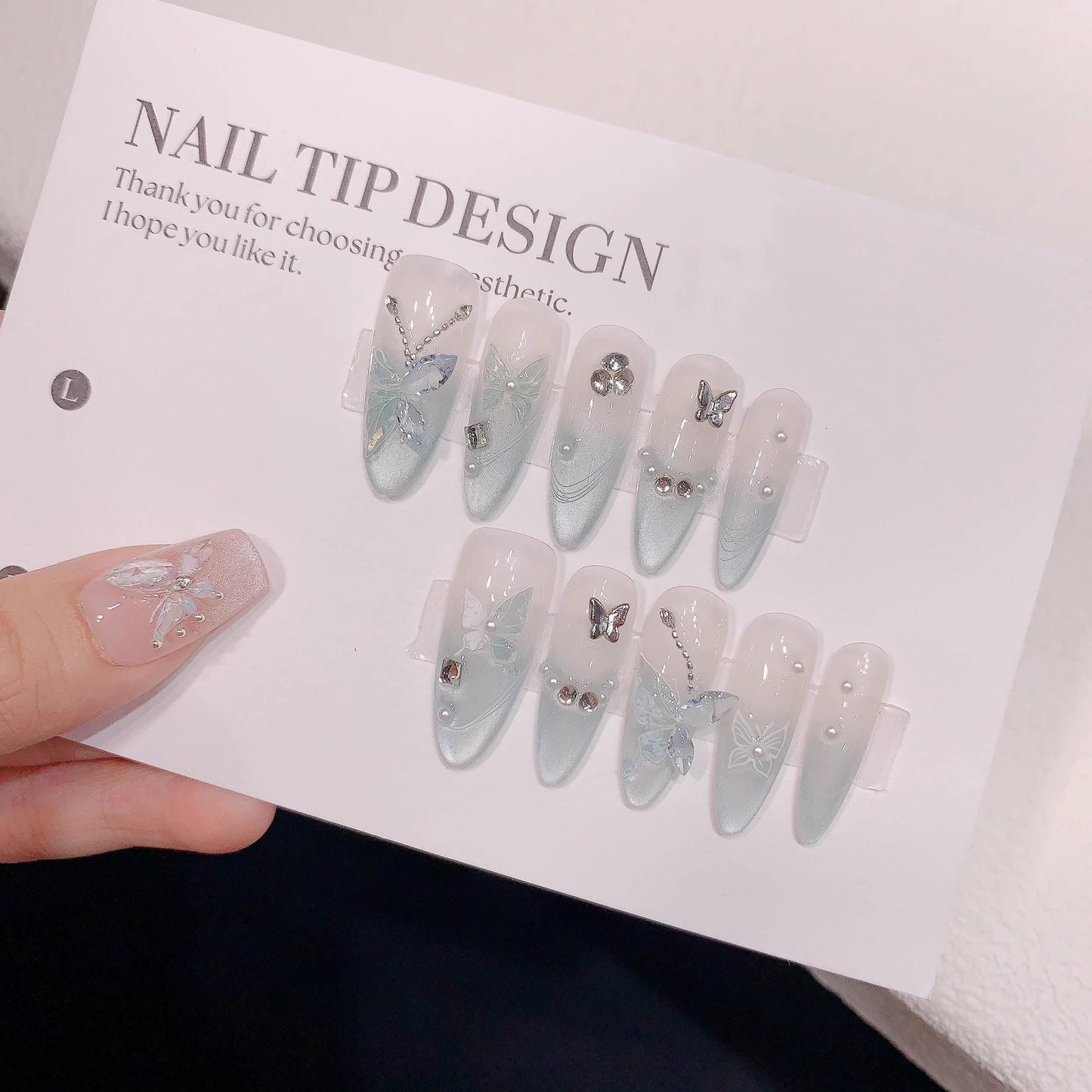 Luxury mint green cat eye handmade nails press on nails diamond long oval summer nails fake nails