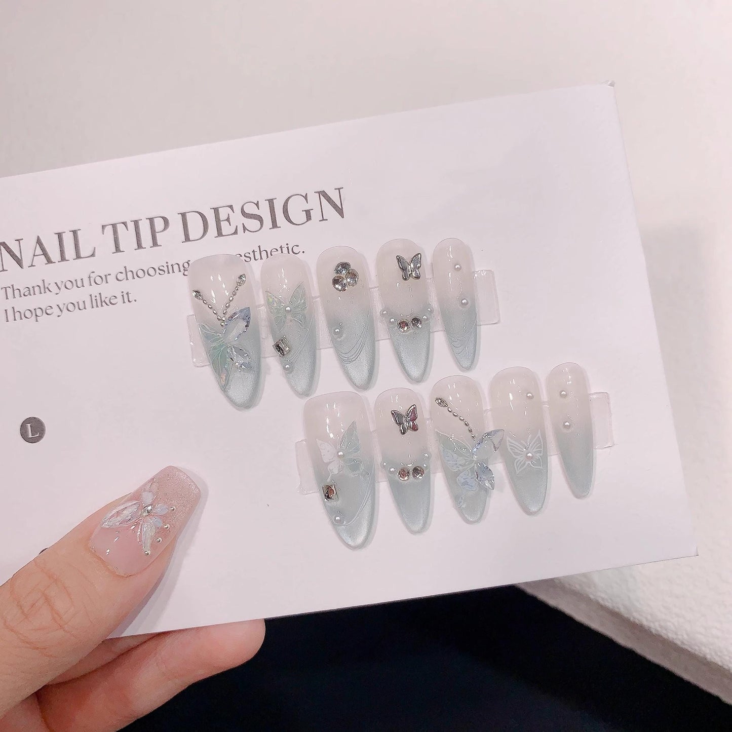 Luxury mint green cat eye handmade nails press on nails diamond long oval summer nails fake nails