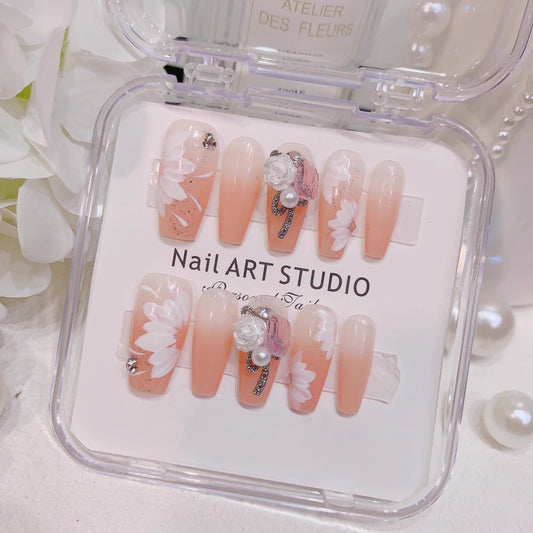 Press on nails daisy flower handmade nails gel nails summer meidum coffin nails art reusable