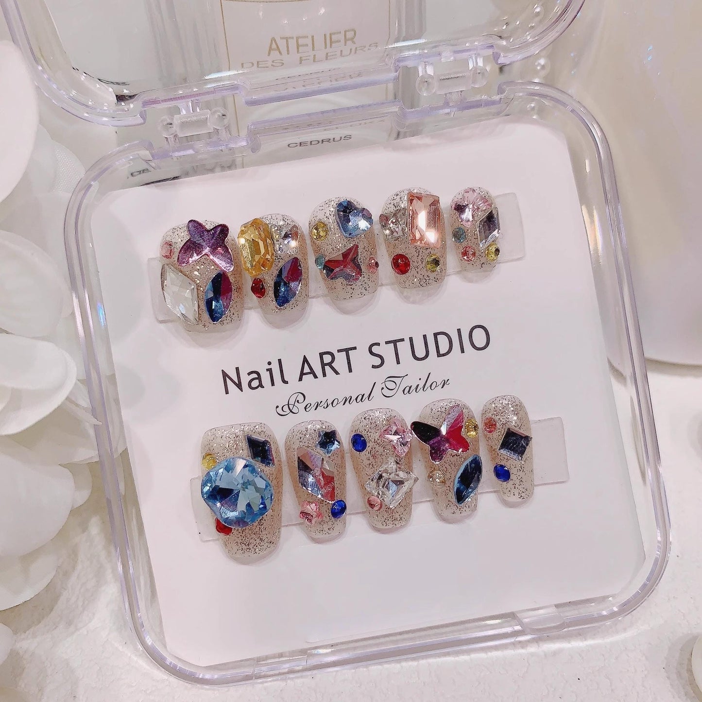 Clear colorful diamond handmade nails translucent press on nails gel nails full diamond extra short&short coffin butterfly