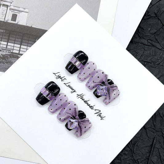 Luxury black purple handmade nails polka dot purple ribbon diamond short coffin dreamy purple romantic glue on nails