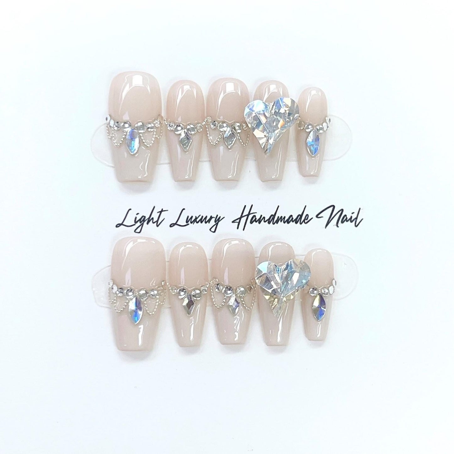 Luxury nude steel ball handmade nails press on nails gel nails medium coffin heart diamond gentle nails fake nails elegant