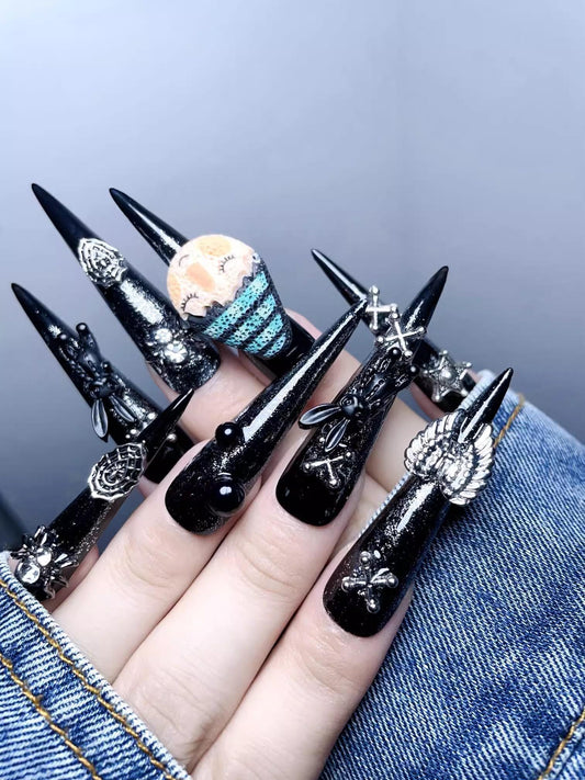 Luxury y2k gilr black cartoon wings handmade nails press on nails gel nails black bunny extra long stiletto