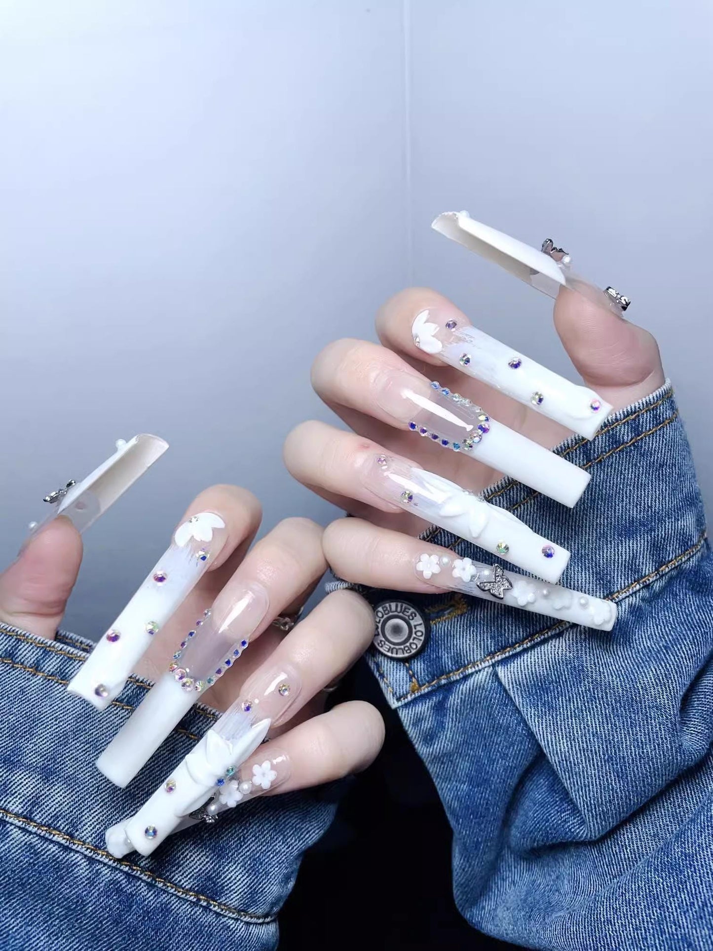 Luxury white flower butterfly handmade nails press on nails extra long square pure desire nails art fake nails