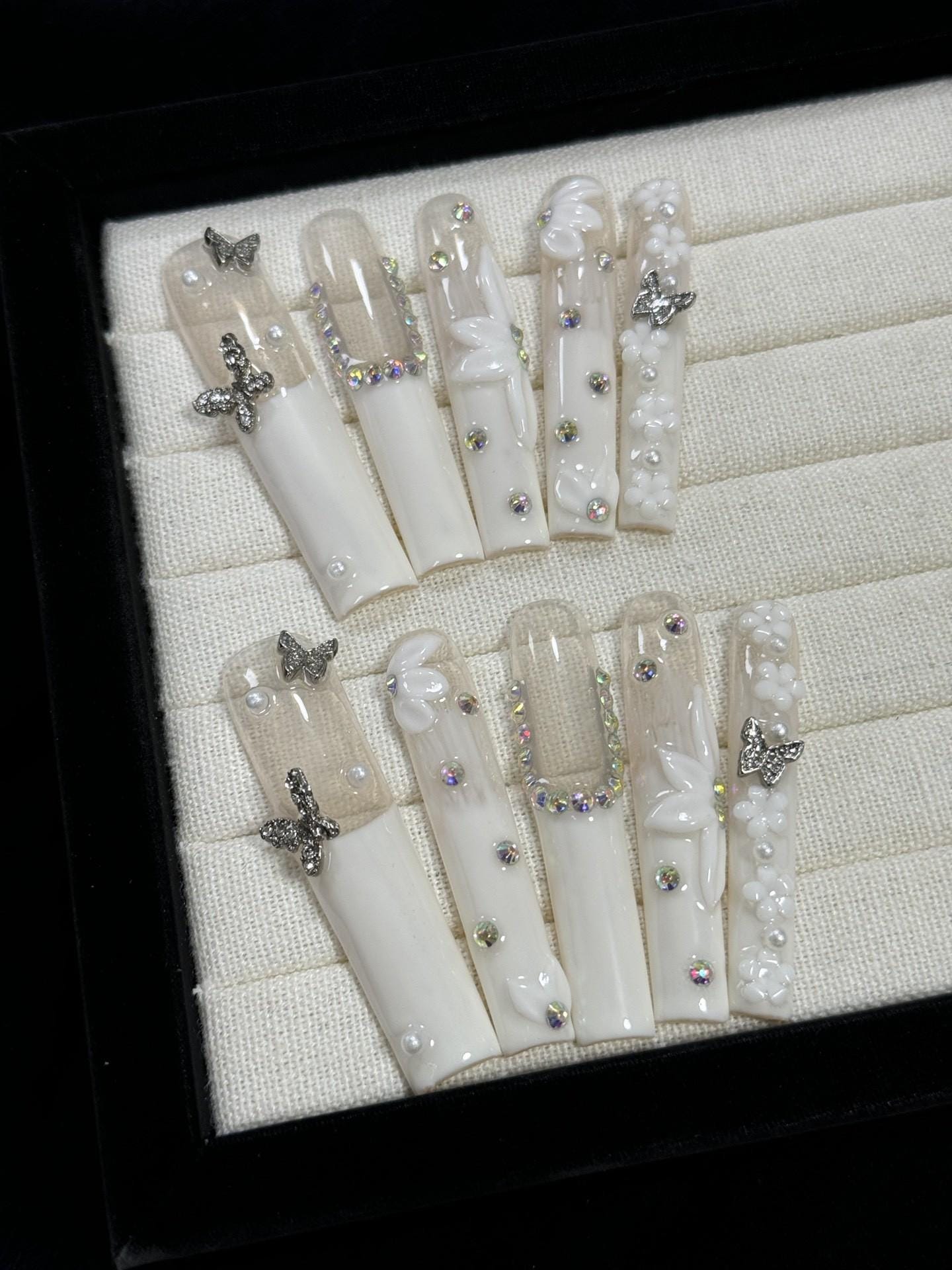 Luxury white flower butterfly handmade nails press on nails extra long square pure desire nails art fake nails