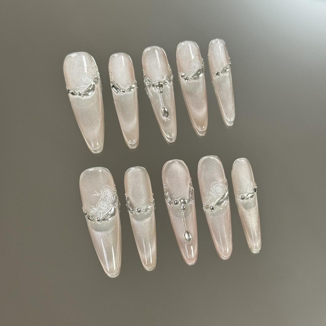 Luxury cat eye nails gentle handmade nails press on nails gel nails long oval wedding nails gift for her