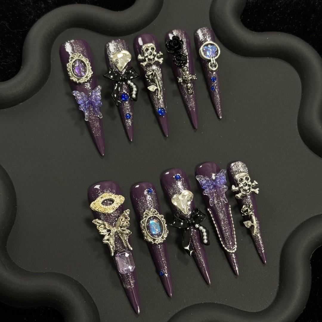 Y2K butterfly purple shinny handmade press on nails gel nails extra long stiletto skull nails trendy punk