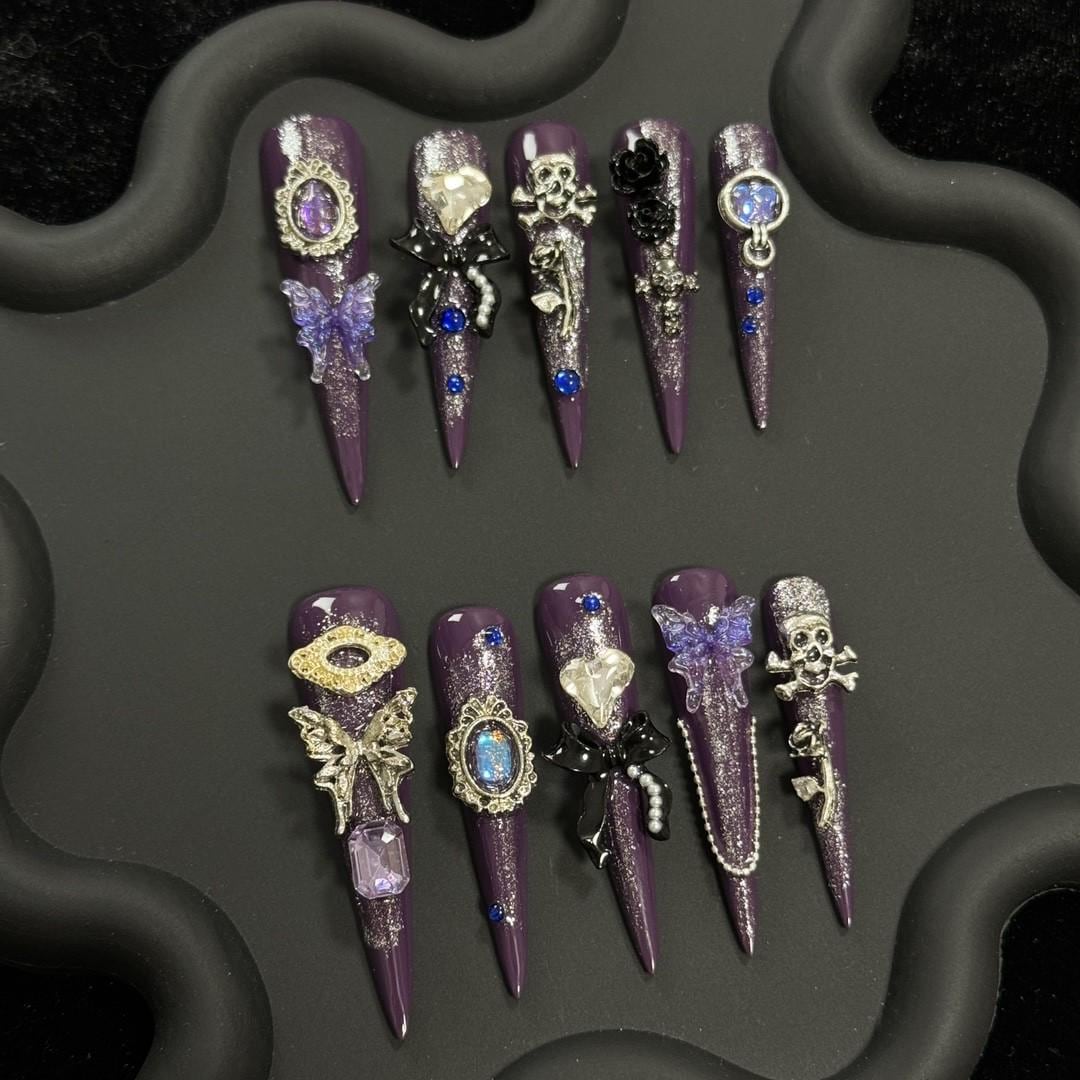 Y2K butterfly purple shinny handmade press on nails gel nails extra long stiletto skull nails trendy punk