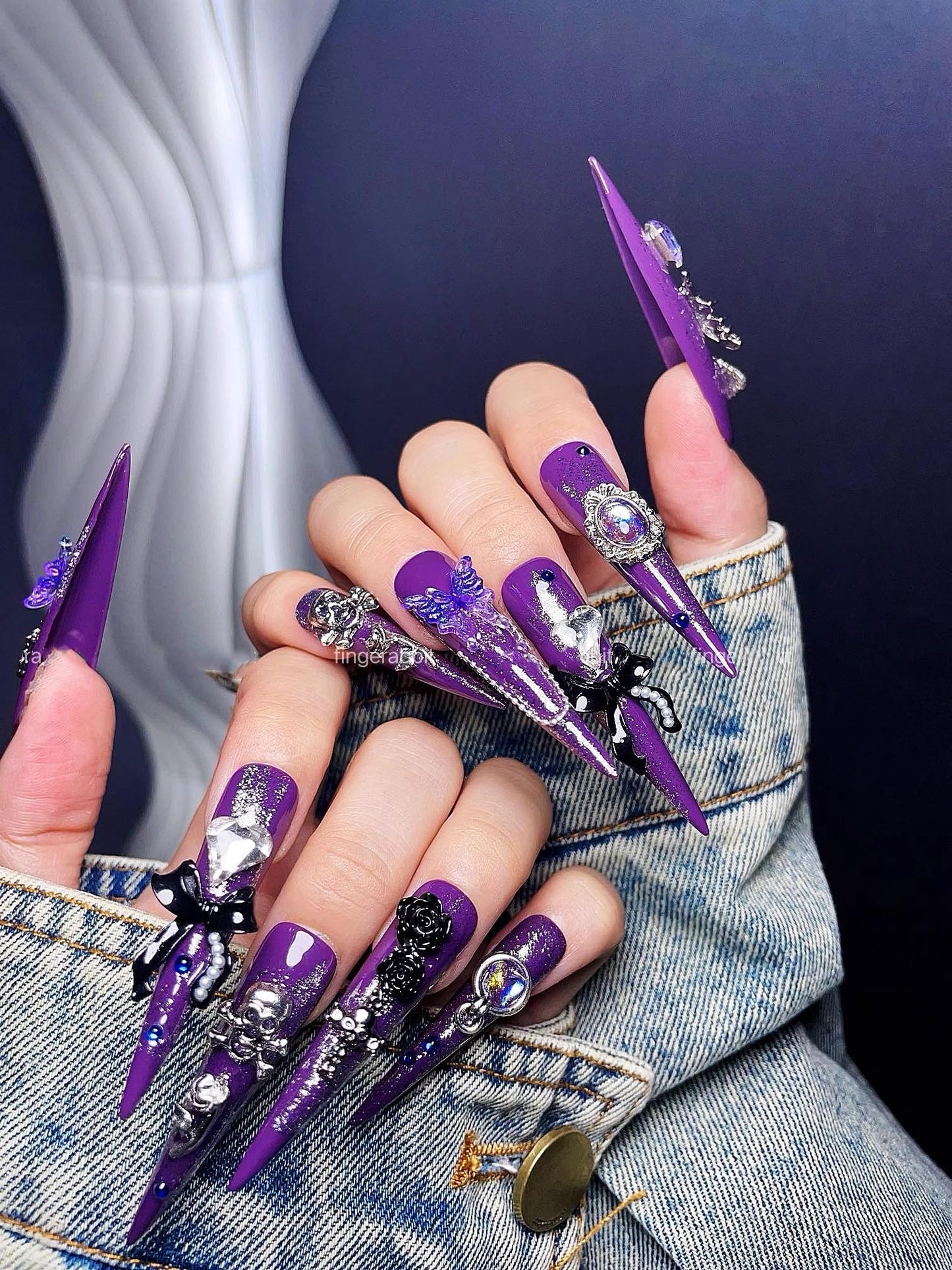 Y2K butterfly purple shinny handmade press on nails gel nails extra long stiletto skull nails trendy punk