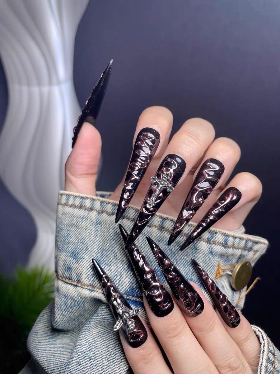 Dark angel balck extra long stiletto nails handmade press on nails gel nails y2k punk style