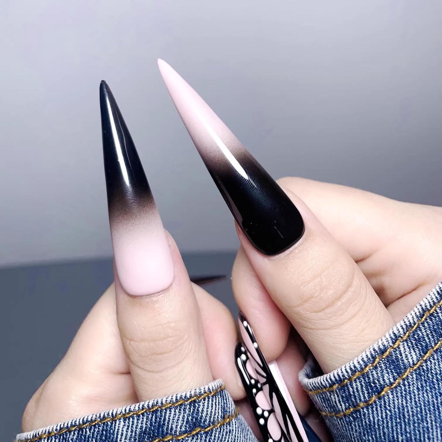 Y2K ombre black pink butterfly handmade nails press on nails gel nails cool girl extra long stiletto